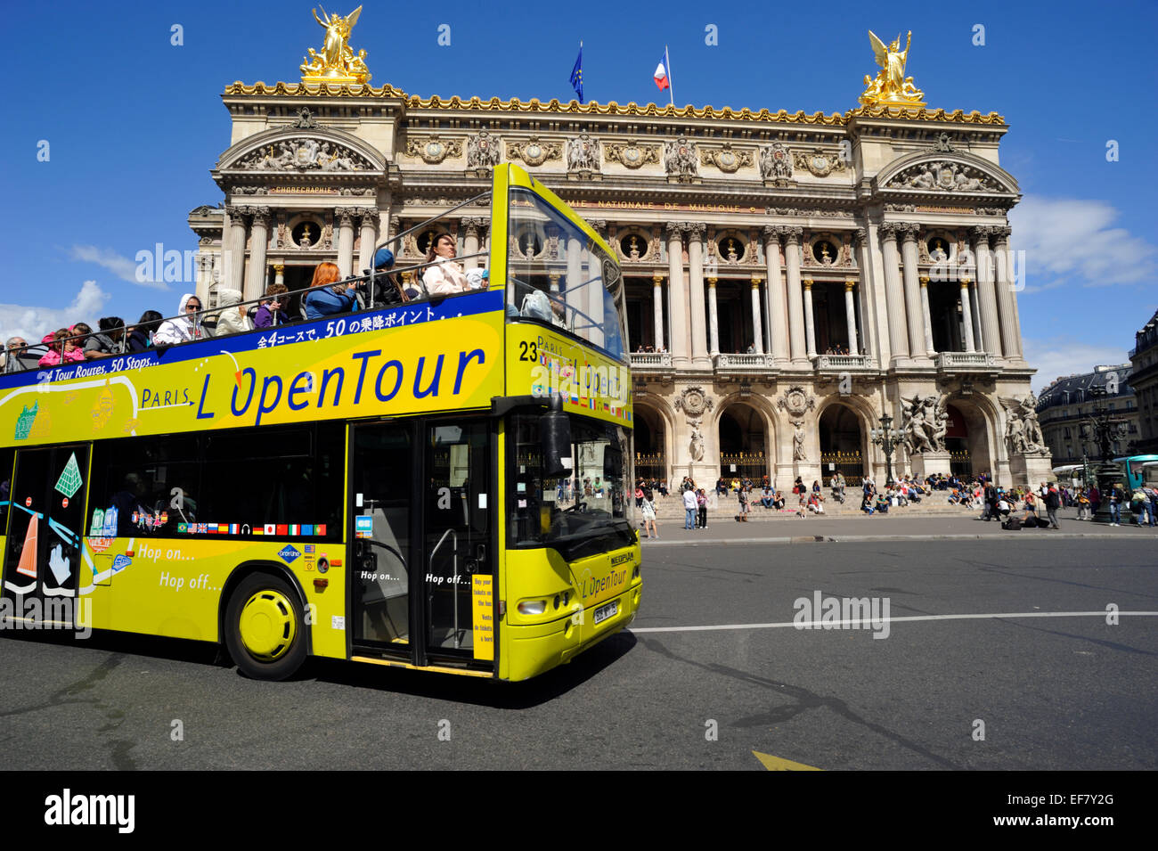 paris, tour bus and opera garnier Stock Photo