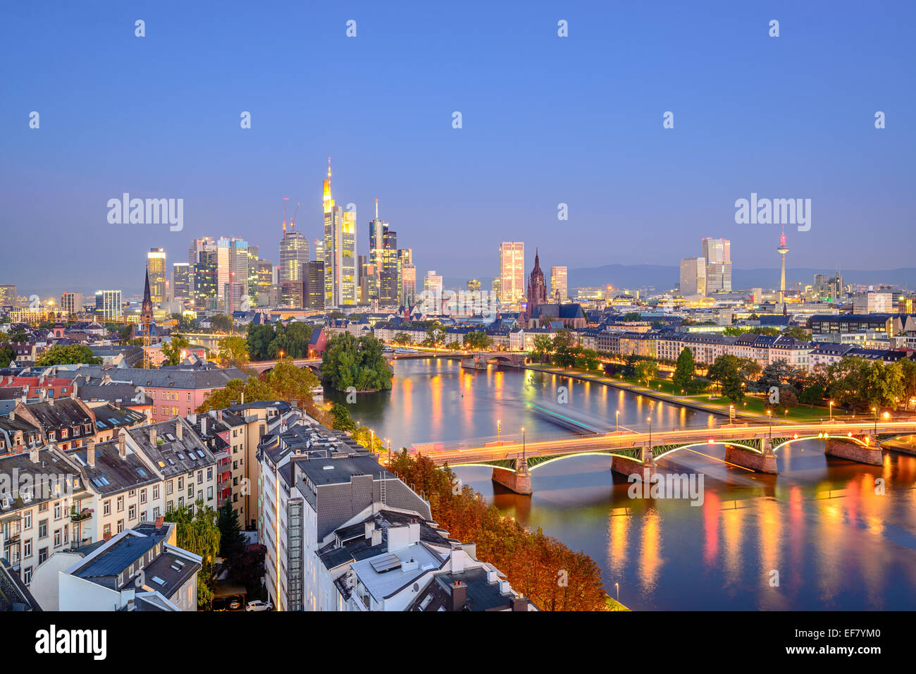 Frankfurt, Germany city skyline over the Main River. Stock Photo