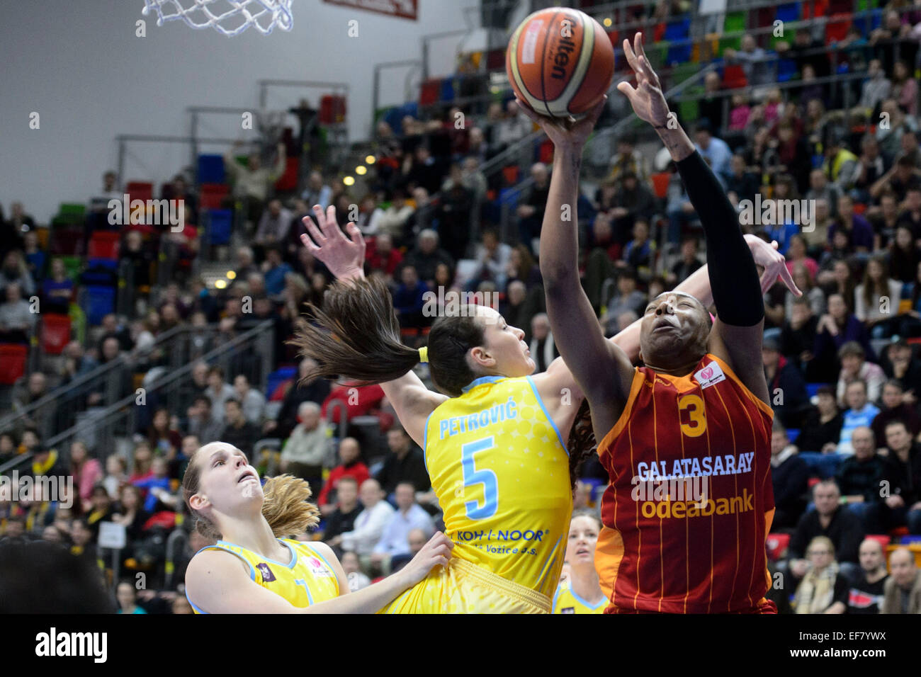 From left Alena Hanusova and Sonja Petrovicova of USK and Kesley Bone of Galatasaray in action