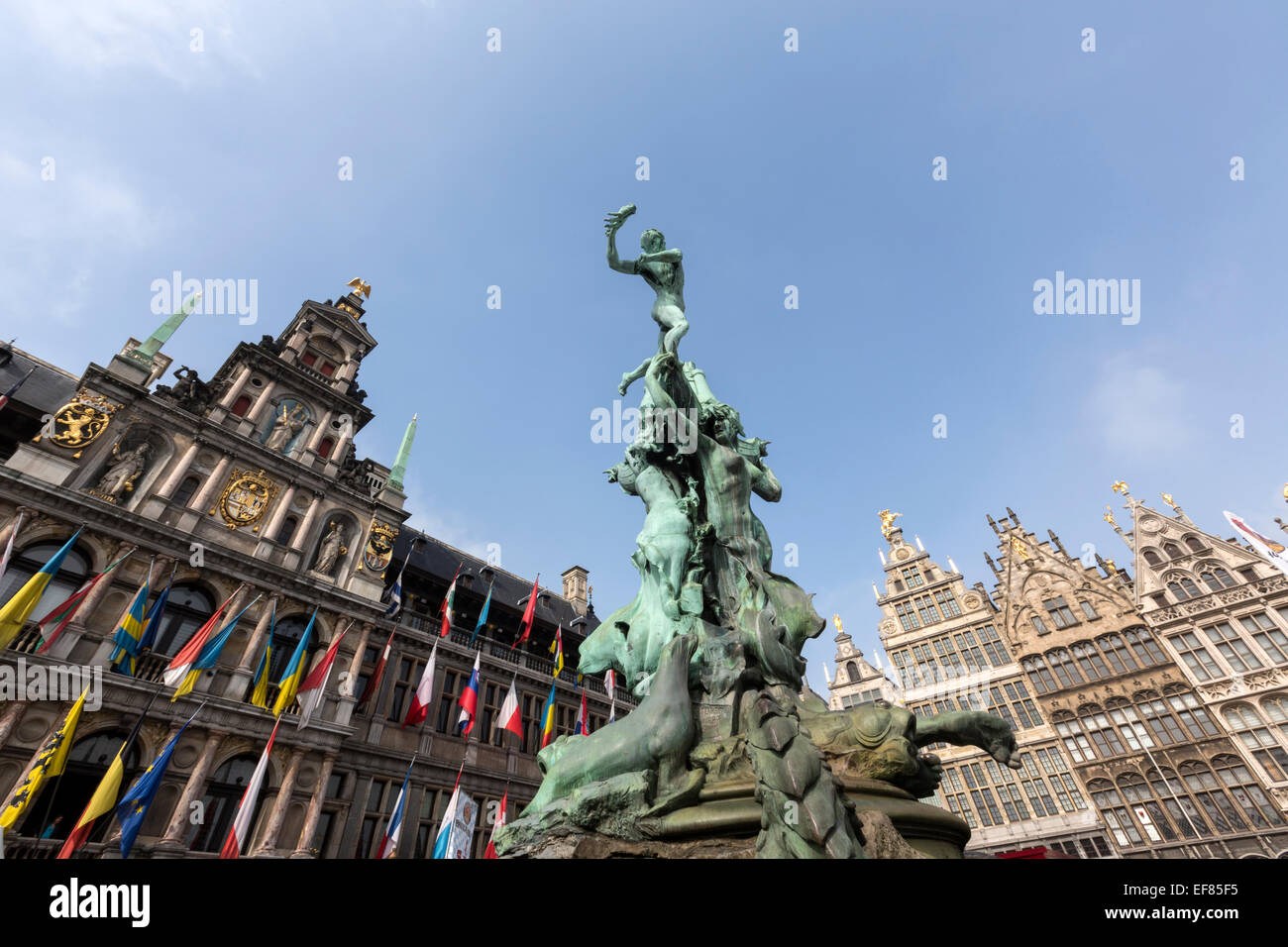 City Hall  and statue of Brabo and the giant's hand with 16th-century Guildhouses at the Grote Markt. Antwerp, Stock Photo