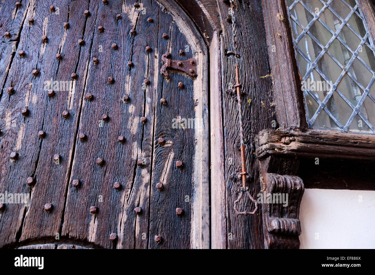 Heavy Wooden Door to Turton Tower a Jacobean House near Darwen in Lancashire Stock Photo