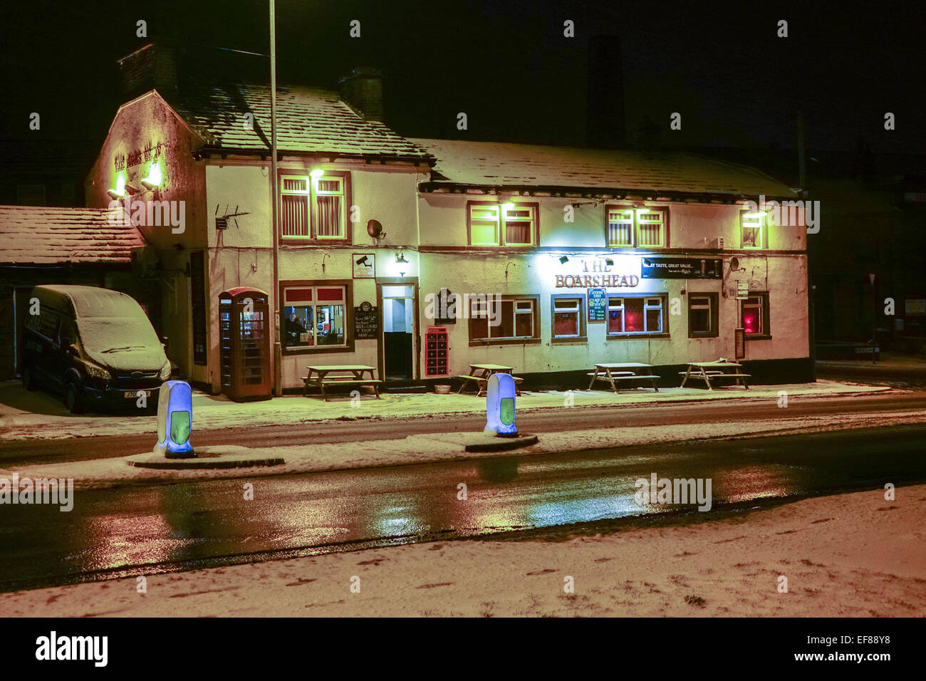 Boars Head pub in winter, Snow and ice in Bradford, West Yorkshire Stock Photo