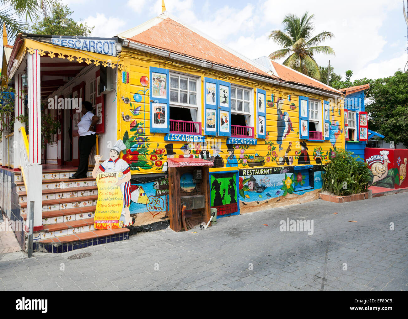 Colorful restaurant L'escargot in Philipsburg, Dutch Saint Maarten Stock Photo