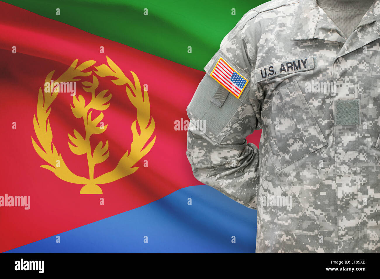 American soldier with flag on background - Eritrea Stock Photo