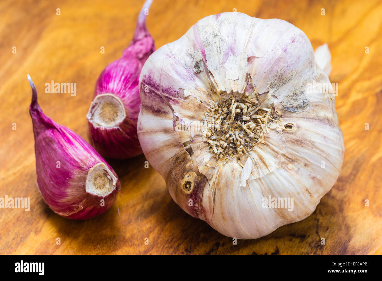 Healthy food. Organic whole garlic and cloves on rustic wooden table ...