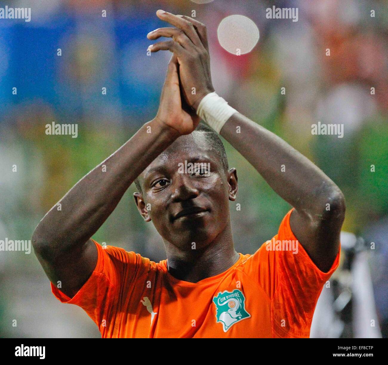 Malabo, Equatorial Guinea. 28th Jan, 2015. Max Alain Gradel of Cote d'Ivoire reacts to the audience after winning the group match of Africa Cup of Nations against Cameroon at the Stadium of Malabo, Equatorial Guinea, Jan. 28, 2015. Cote d'Ivoire won 1-0. Credit:  Li Jing/Xinhua/Alamy Live News Stock Photo