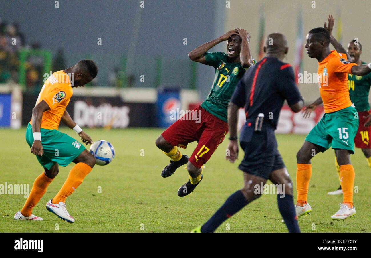 Malabo, Equatorial Guinea. 28th Jan, 2015. Stephane Mbia Etoundi of Cameroon shouts during the group match of Africa Cup of Nations against Cote d'Ivoire at the Stadium of Malabo, Equatorial Guinea, Jan. 28, 2015. Cameroon lost 0-1. Credit:  Li Jing/Xinhua/Alamy Live News Stock Photo