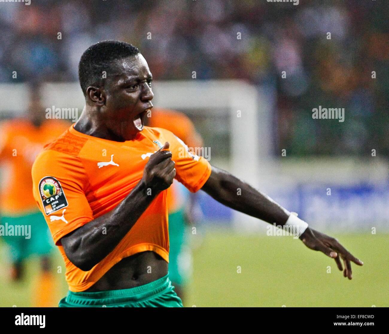 Malabo, Equatorial Guinea. 28th Jan, 2015. Max Alain Gradel of Cote d'Ivoire celebrates his goal during the group match of Africa Cup of Nations against Cameroon at the Stadium of Malabo, Equatorial Guinea, Jan. 28, 2015. Cote d'Ivoire won 1-0. Credit:  Li Jing/Xinhua/Alamy Live News Stock Photo