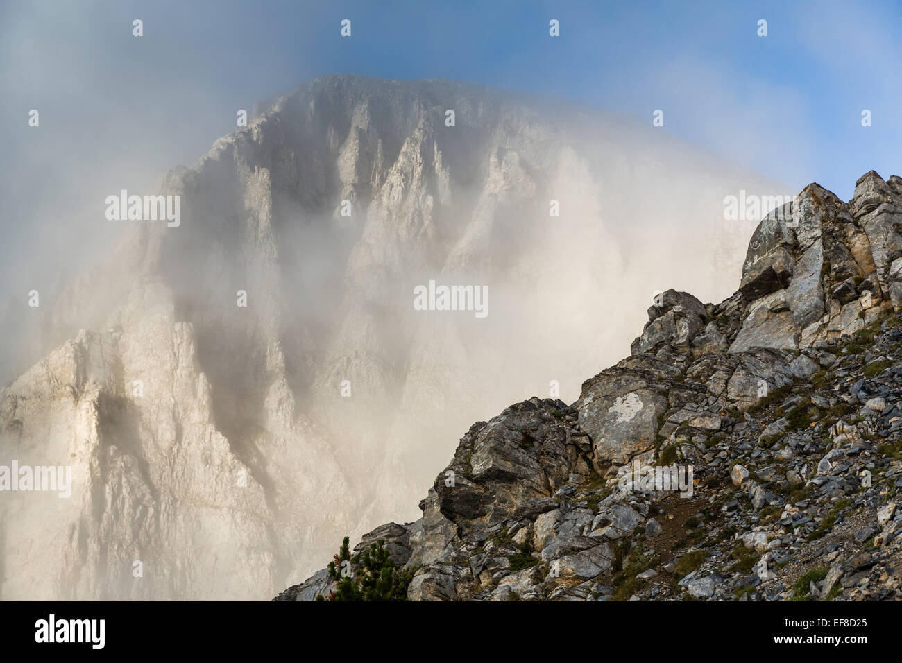 Summit of Mount Olympus in clouds, Mt Olympus National Park, Greece Stock Photo