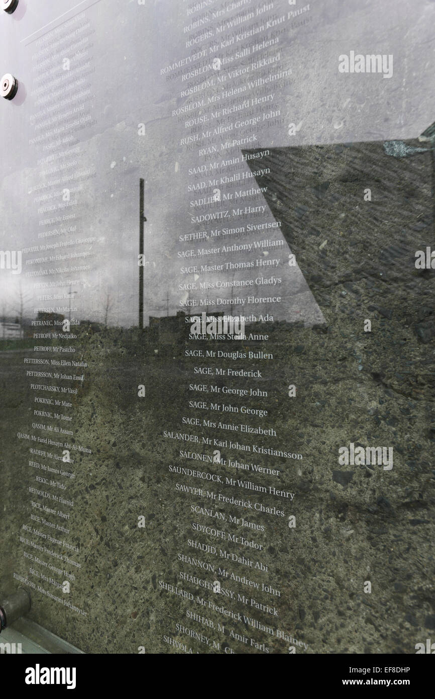Names of the victims, Titanic, Belfast. Iconic architecture to house the collection and to represent the ship. Stock Photo