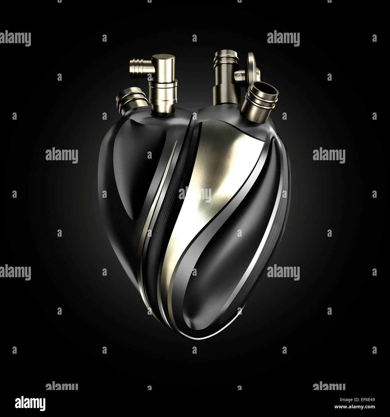 Metal heart as a machine part, conceptual 3D illustration isolated on black background Stock Photo