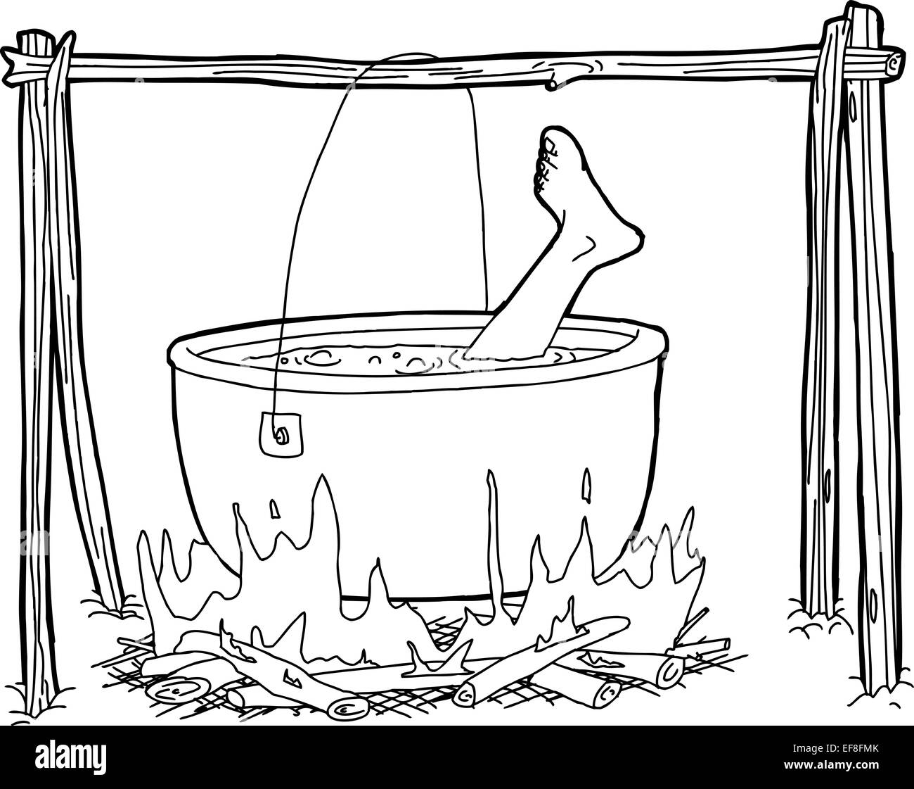 Outline cartoon of human foot boiling in campfire cauldron Stock Photo