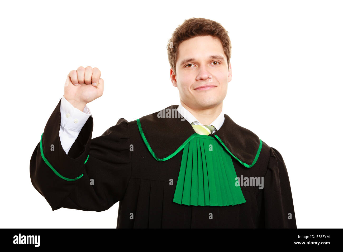 Law court and justice. Man lawyer attorney in polish (Poland) black green gown counting on fingers zero fist isolated on white. Stock Photo