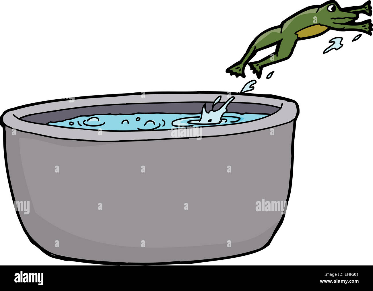 Cartoon of frog leaping out of pot of boiling water Stock Photo Alamy