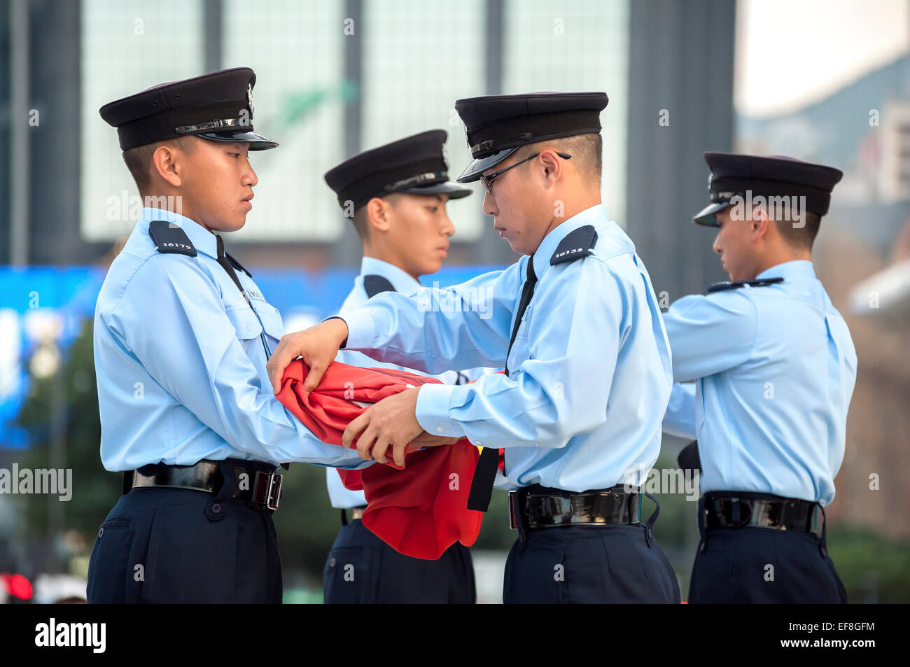 Flag lowering ceremony at Hong Kong's Golden Bauhinia Square Stock Photo