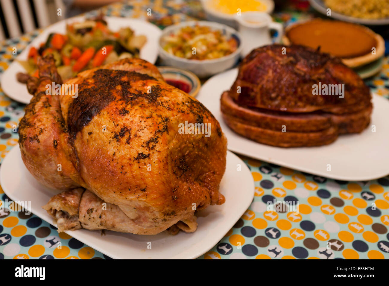 Thanksgiving turkey dinner on table - USA Stock Photo