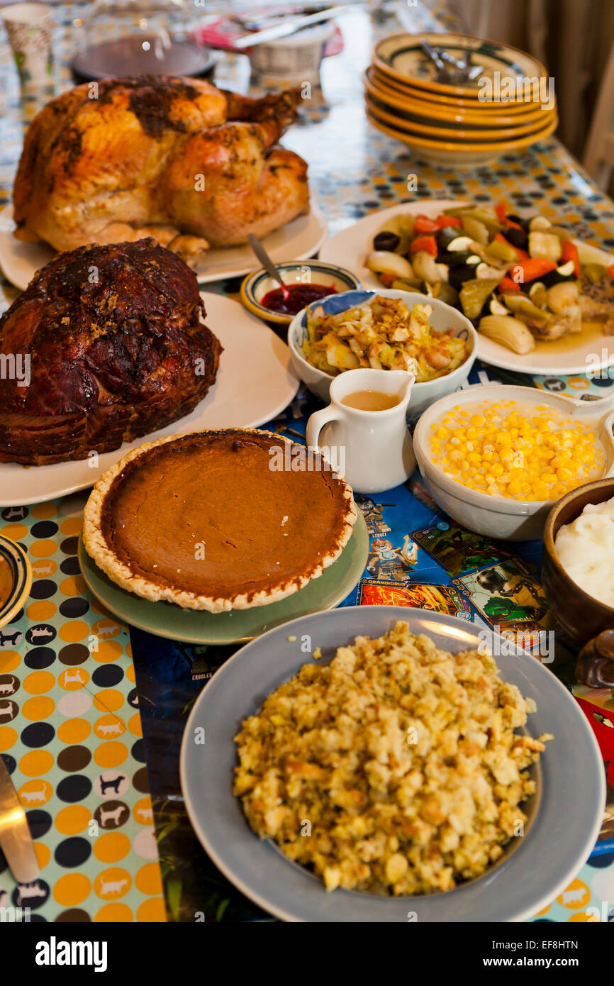 Thanksgiving turkey dinner on table - USA Stock Photo