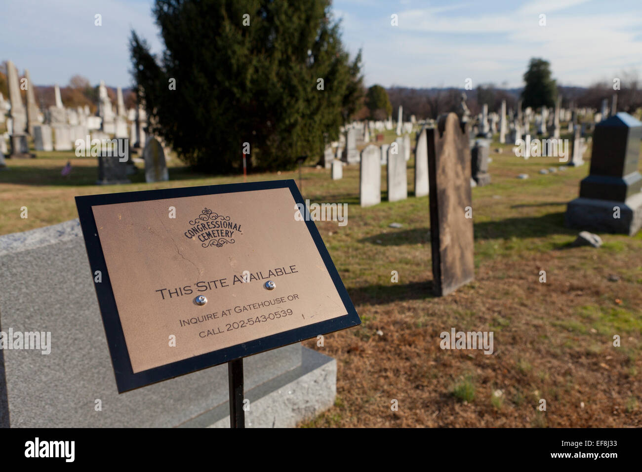 Gravesite available sign at cemetery - Congressional Cemetery, Washington, DC USA Stock Photo