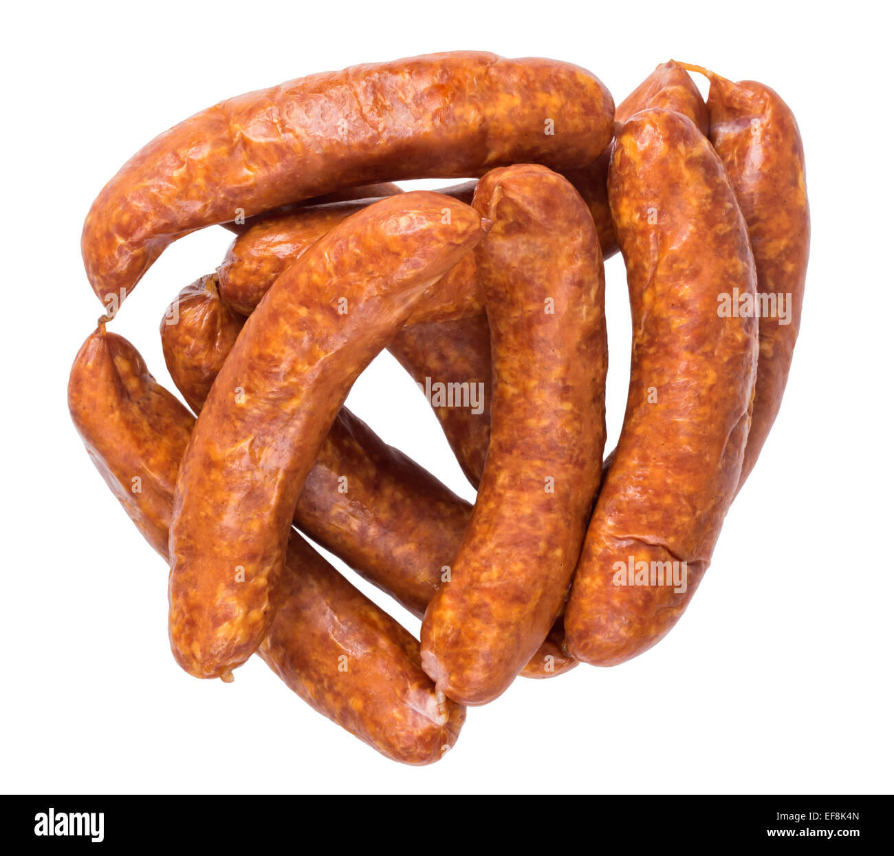 Smoked pork sausages made from minced meat isolated on white Stock Photo
