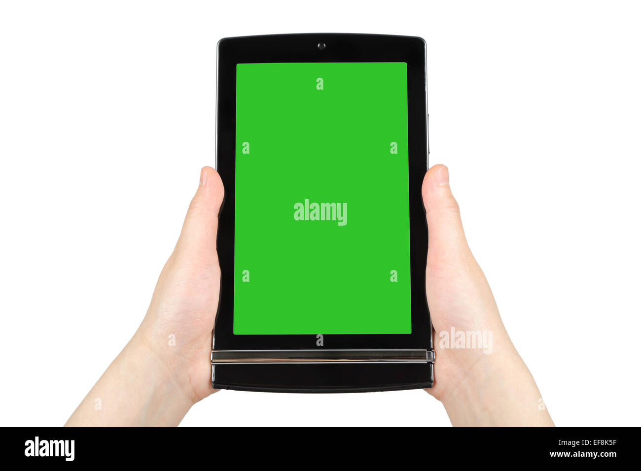 Hands holding touch screen tablet pc with green screen Stock Photo