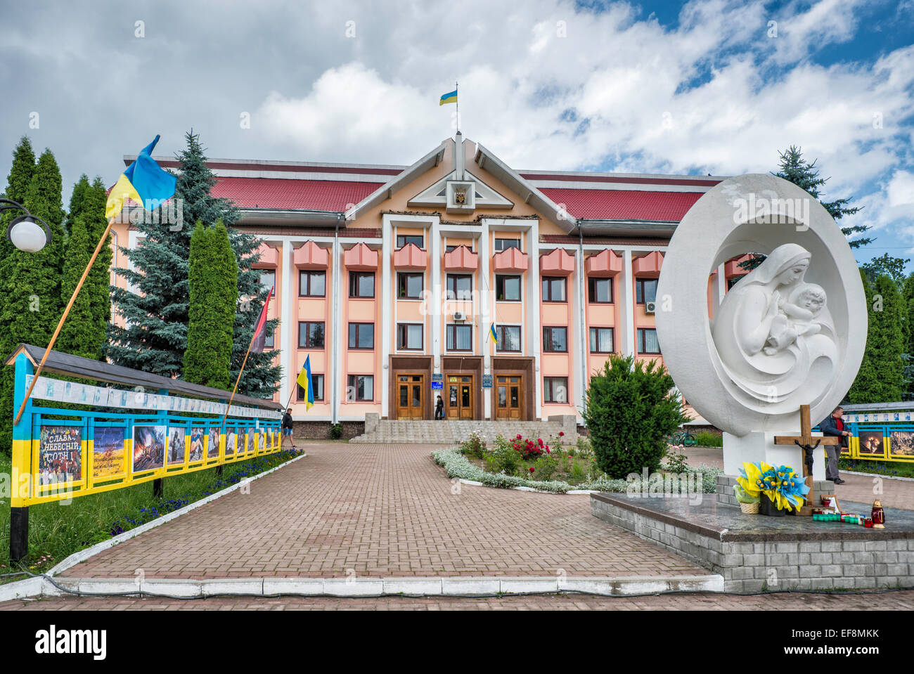 Religious sculpture in front of City Council at Independence Square in Kosiv, Hutsul Region, Prykarpattia region, Ukraine Stock Photo