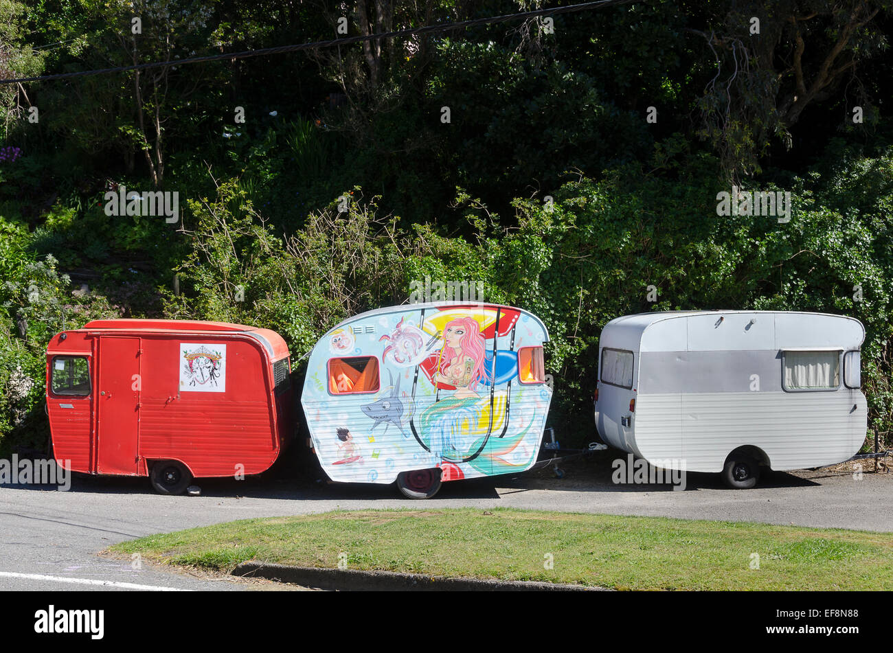 Decorated retro Caravans, Paekakariki, Kapiti, North Island, New