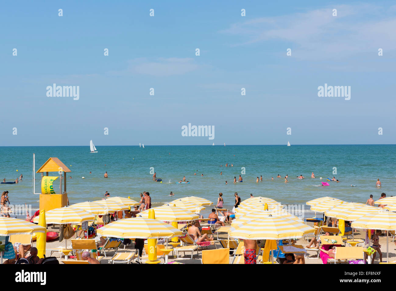 Bathers and parasols on the beach, sea, Senigallia, Province of Ancona, Marche, Adriatic coast, Italy Stock Photo