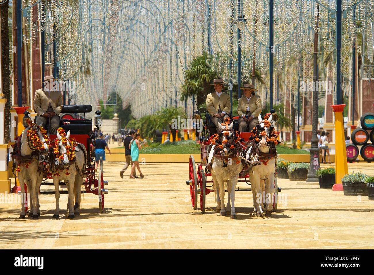 Carriages at the Feria del Caballo, Jerez de la Frontera, Andalusia, Spain Stock Photo
