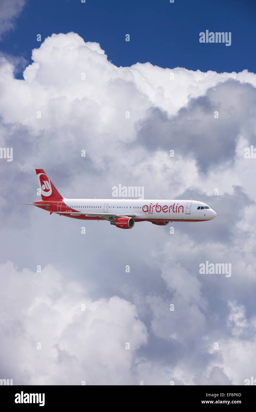 D-ALSA Air Berlin Airbus A321-211 in flight in the clouds Stock Photo