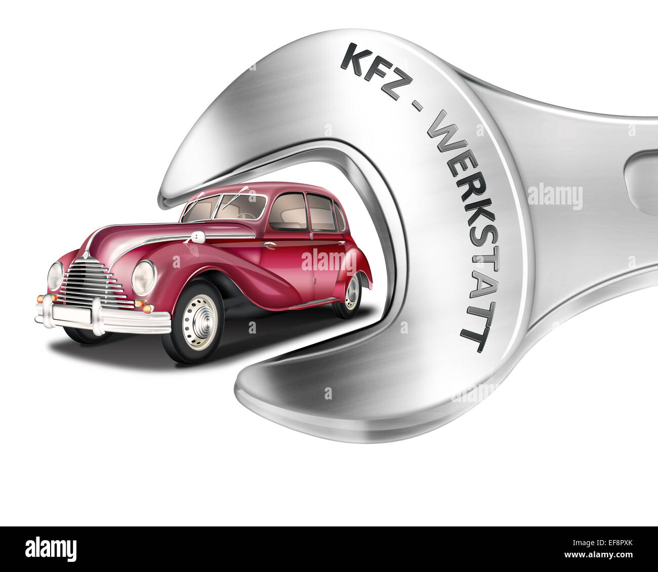 Wrench, car, word 'Kfz-Werkstatt', German for car workshop, illustration Stock Photo