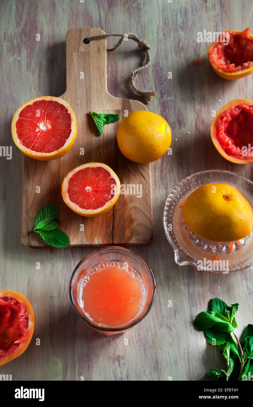 Grapefruits and grapefruit juice Stock Photo