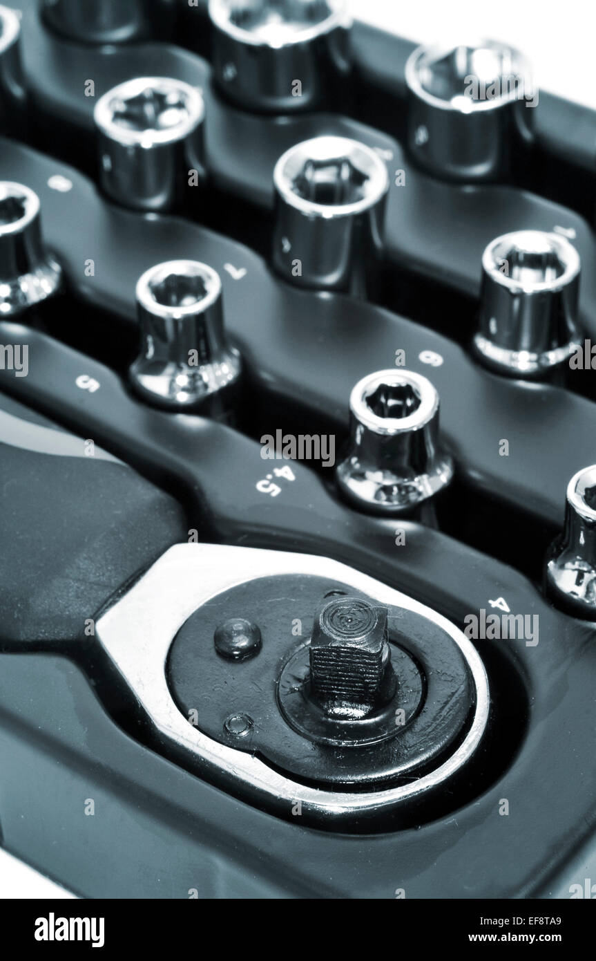 closeup of a ratchet wrench set Stock Photo