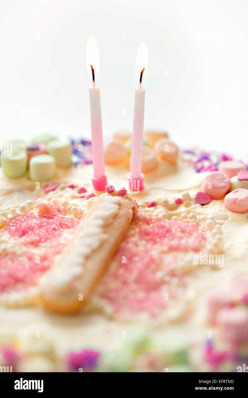 Birthday cake with two candles Stock Photo