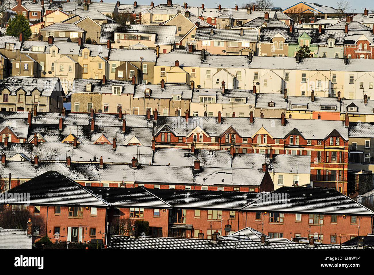Londonderry, Northern Ireland. 29th January, 2015. UK weather Snow in Londonderry. Snow covered roofs in Londonderry (Derry) in Northern Ireland. More snow is forecast for many parts of Northern Ireland and Britain tomorrow Credit:  George Sweeney/Alamy Live News Stock Photo