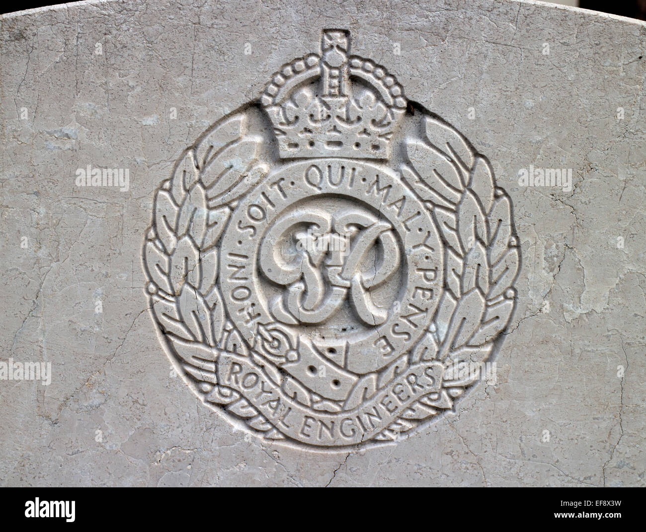 The Royal Engineers emblem on a war grave Stock Photo