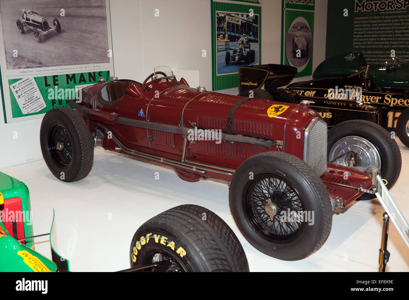 View of Taziop Nuvolari's 1934 Alfa Romoe Tipo B-P3  in the Motorsport Hall of Fame, at the London Classic Car Show. Stock Photo