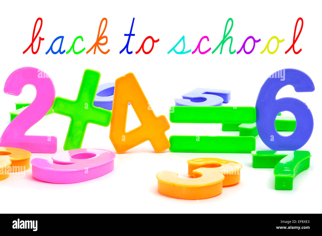 sentence back to school and the equation two plus four are six with numbers of different colors Stock Photo