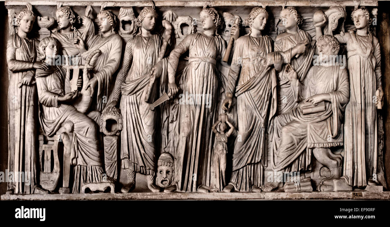 Muses and Poets. Sarcophagus relief. Octagonal Courtyard  Pio Clementino ( Vatican Museum Rome Italy ) Stock Photo