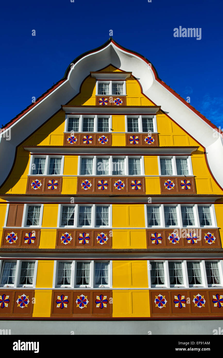 Facade of a residential building with cambered triangular gable in the Appenzell style, Appenzell, Canton Appenzell, Switzerland Stock Photo