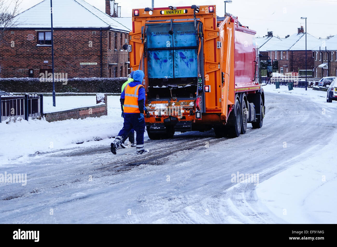 An urban winter scene on Buttershaw Estate, Bradford, West Yorkshire, UK. With snow and ice