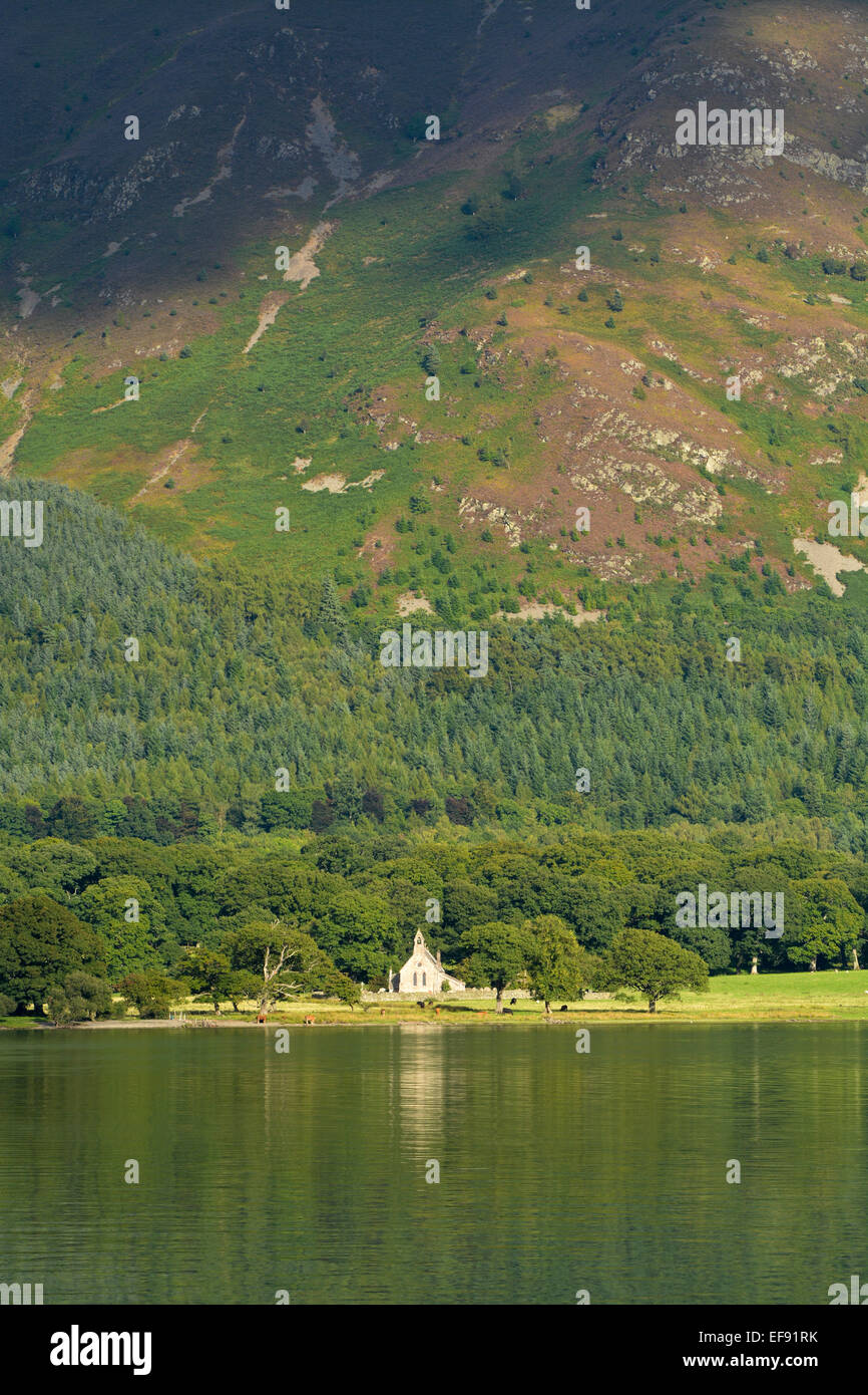 St Bega's Church on the edge of Bassenthwaite, in evening sunlight. Cumbria, UK. Stock Photo