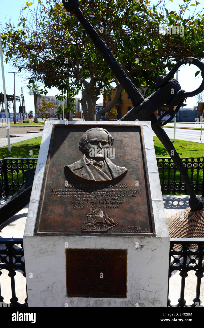 Monument commemorating visit of Charles Darwin to Iquique and Oficina La Noria on 12th July 1835 during the 2nd Voyage of The Beagle, Iquique, Chile Stock Photo