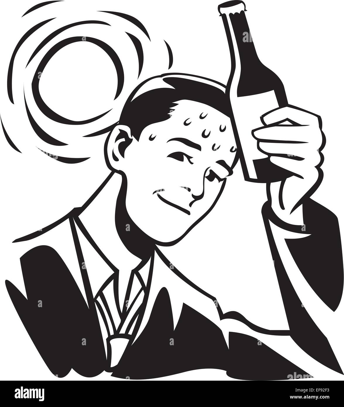 A young man cooling off with a cold bottle on his forehead Stock Vector