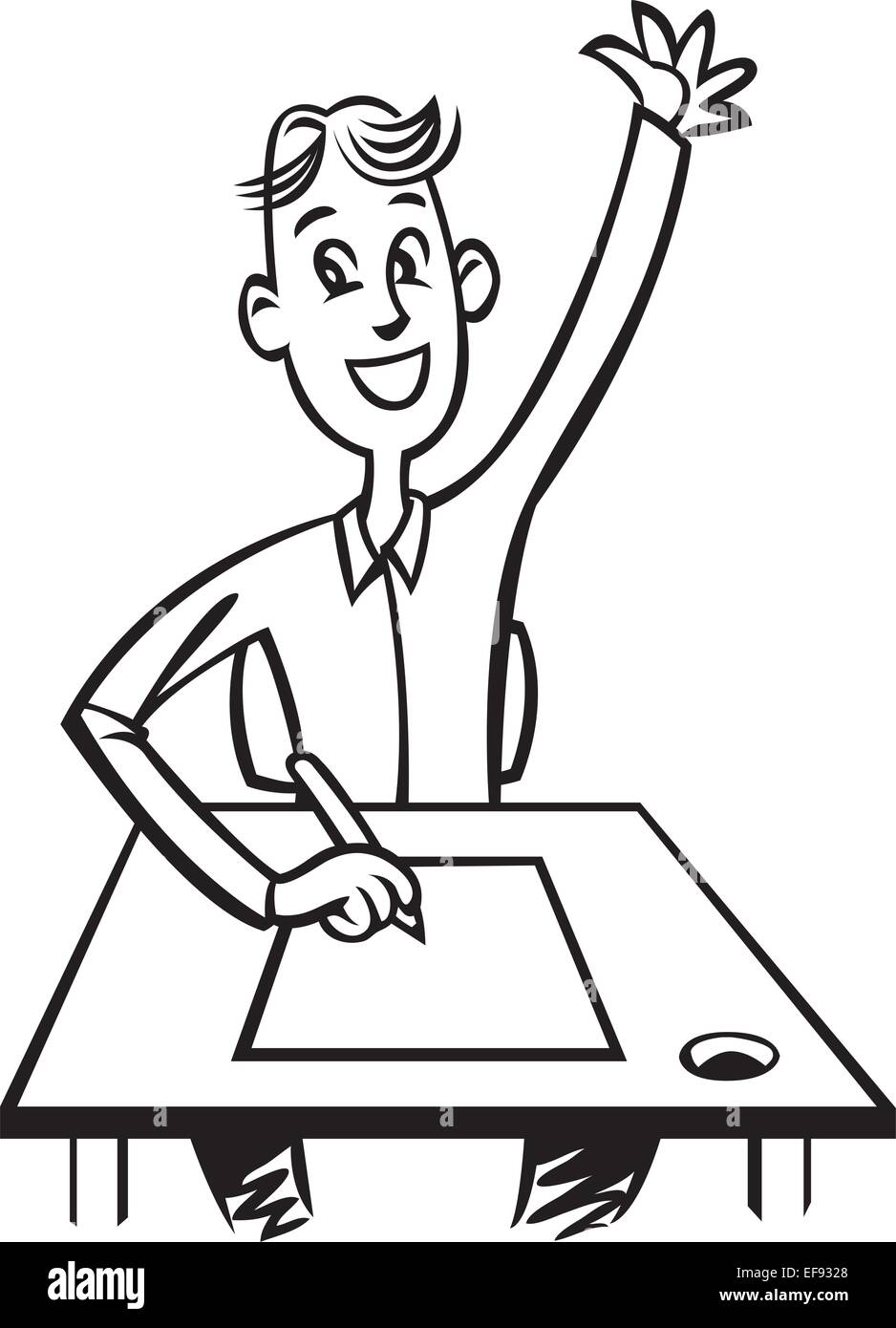 A student sitting at his desk with his hand up Stock Vector