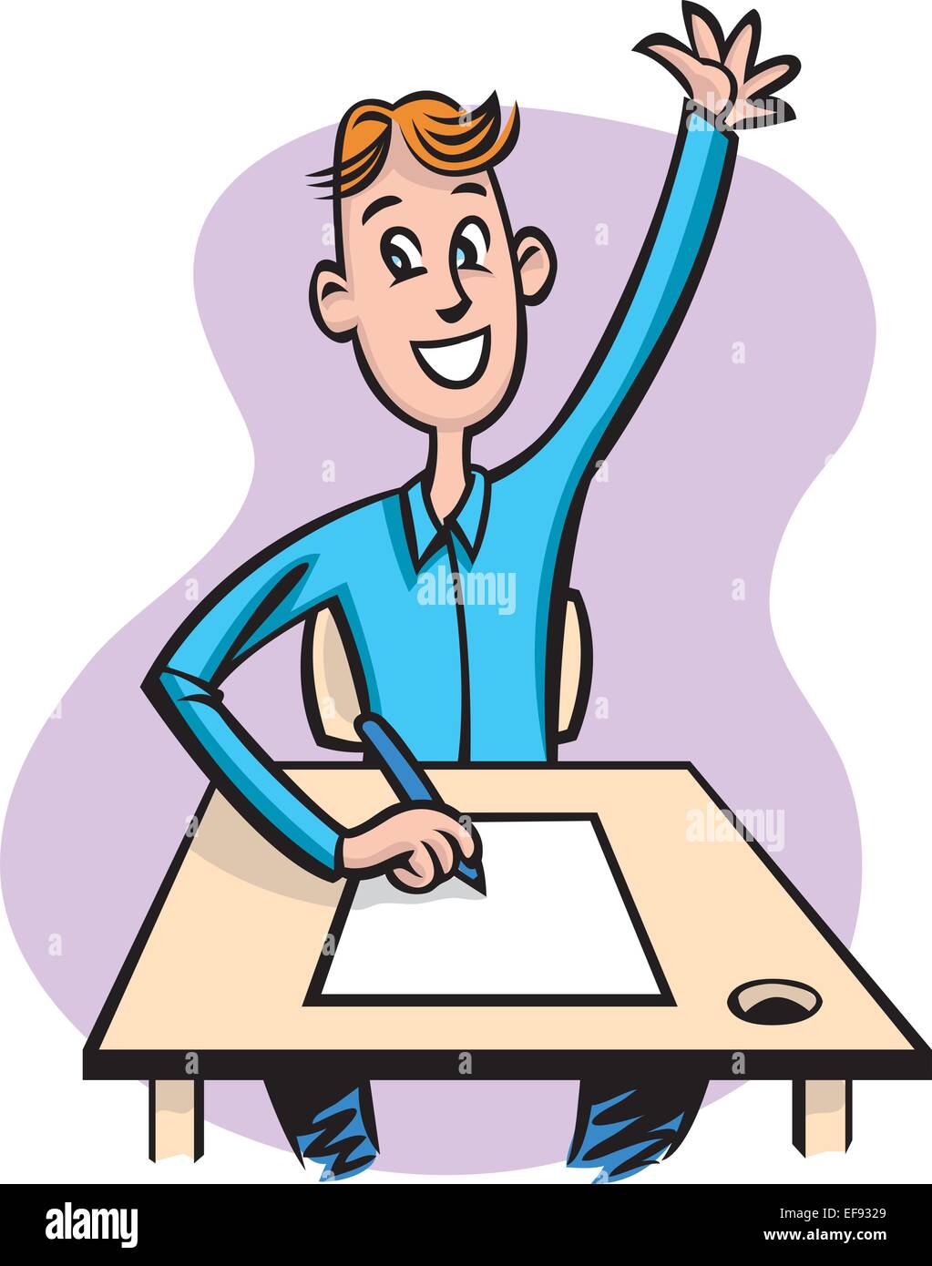 A student sitting at his desk with his hand up Stock Vector