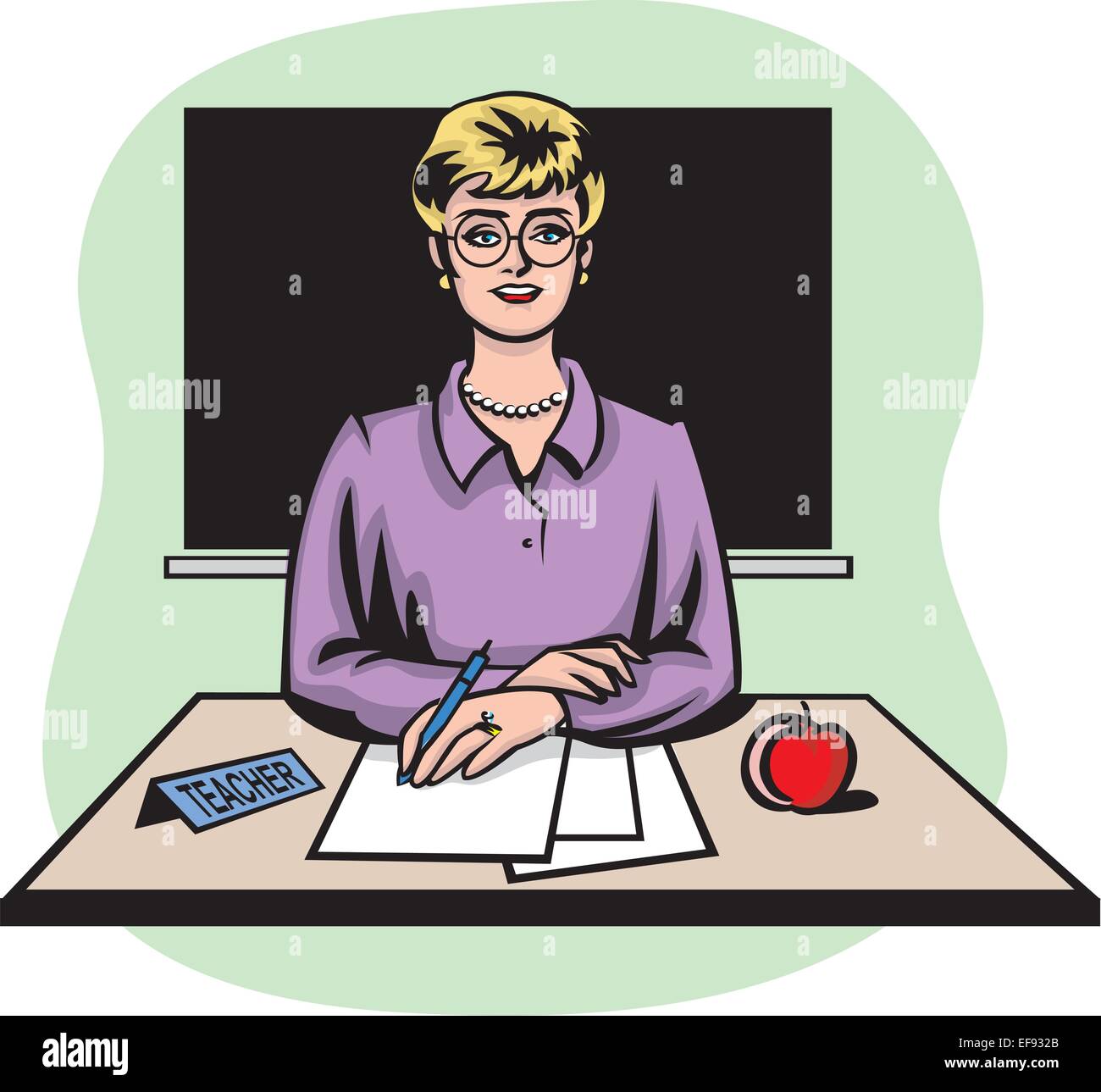 A teacher sitting at her desk Stock Vector
