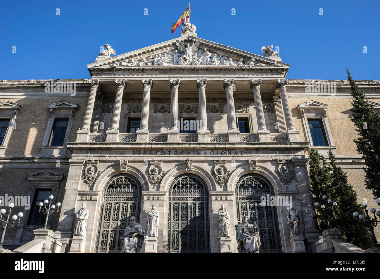 Main entrance, National Library of Madrid, Spain. architecture and art
