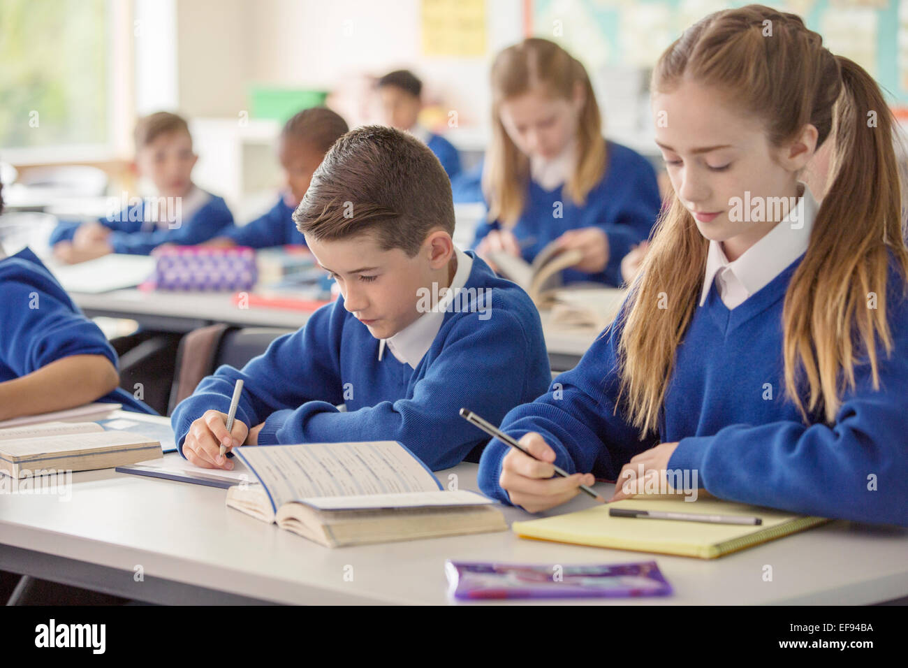 Elementary school children working at desk in classroom during lesson Stock Photo