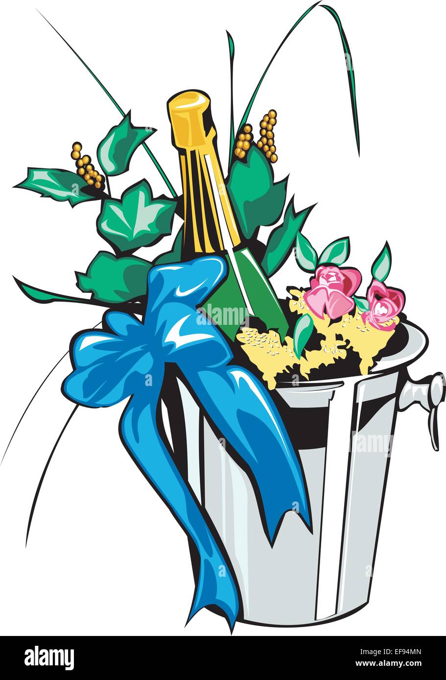 Champagne and Flowers in Ice Bucket Stock Vector