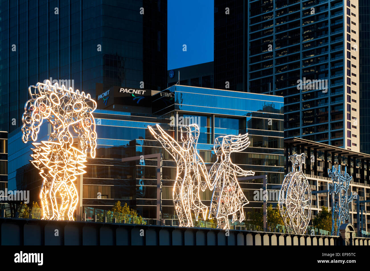 Sculptures on Melbourne's Sandridge Bridge reflecting the sunlight. Stock Photo